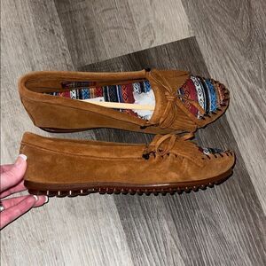 Minnetonka Brown Suede Loafers with Colorful Trim